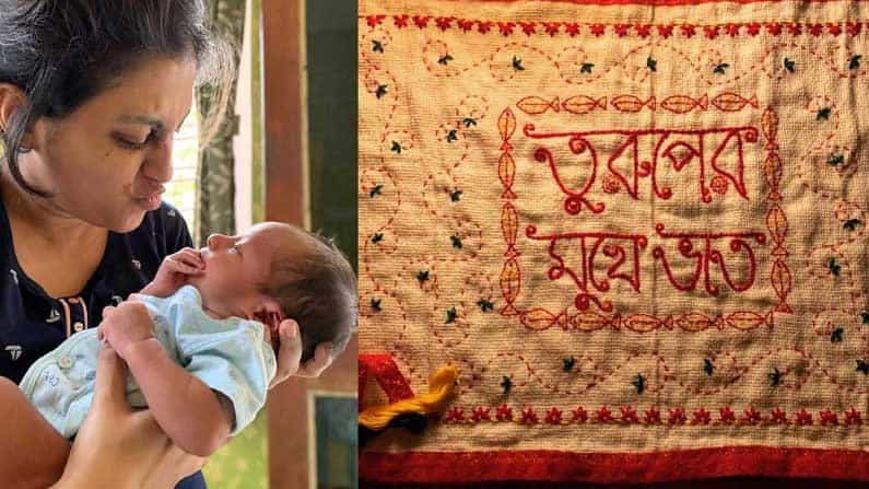Sneha Chatterjee: ছেলের অন্নপ্রাশনে নিজের হাতে আসন সেলাই করলেন স্নেহা, ‘তুরুপের মুখে ভাত’...