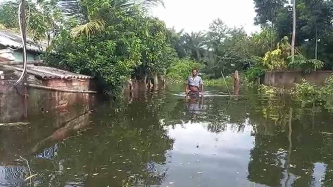 Water logged: নিউটাউনকে জল-যন্ত্রণা থেকে মুক্তি দিতে কোমর সমান জলে ডুবে গোটা গ্রাম