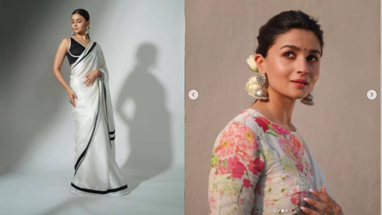 Alia Bhatt: ছবির প্রচারে কখনও ফ্লোরাল, কখনও আবার কালো-সাদা শাড়িতে উজ্জ্বল আলিয়া!