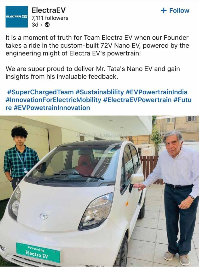 Tata Nano EV LinkedIn Post By Electra