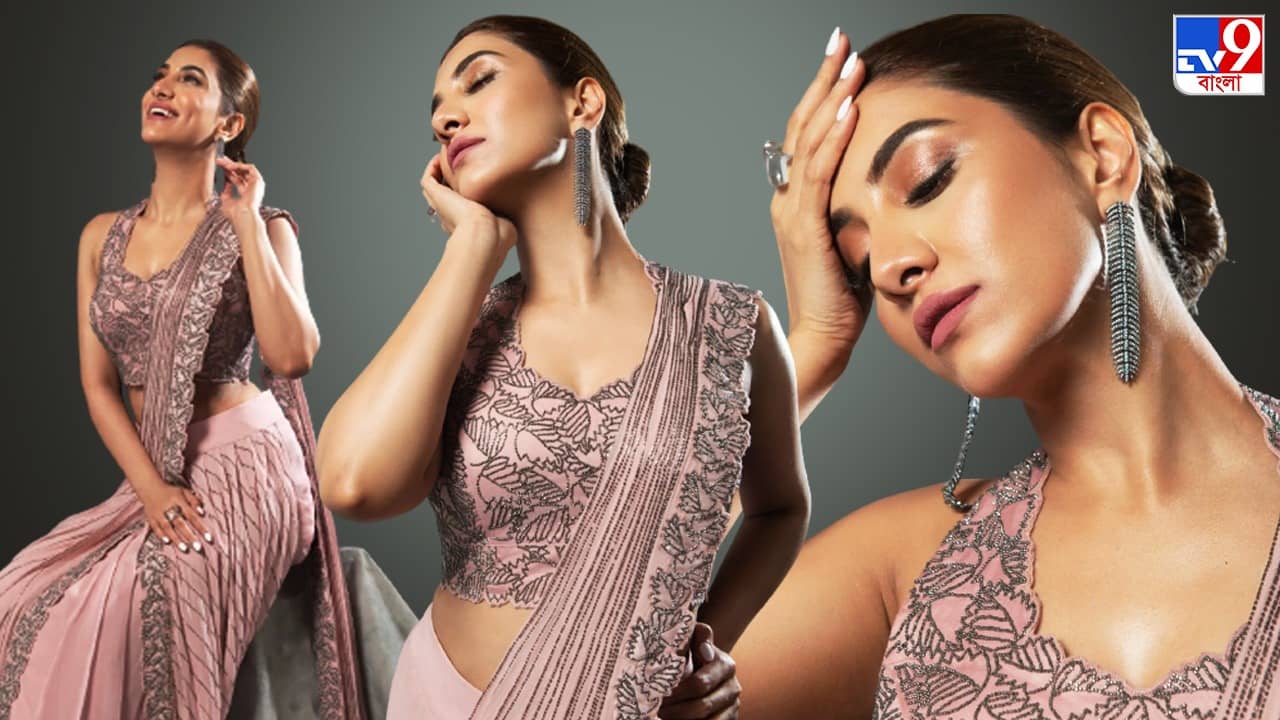 Rukmini Maitra: পিচ পিঙ্কের ইন্দো-ওয়েস্টার্ন শাড়িতে সাজলেন রুক্মিণী, এক বলি নায়িকার সঙ্গে মিল পেলেন নেটিজ়েনরা