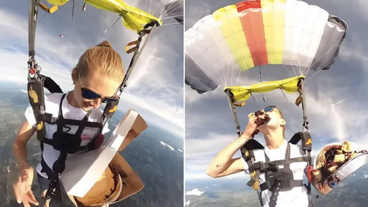 Viral Video: স্কাইডাইভিং করার সময় চকোপাইয়ে তৃপ্তির বাইট মহিলার, নেটিজ়েনদের একটাই প্রশ্ন!