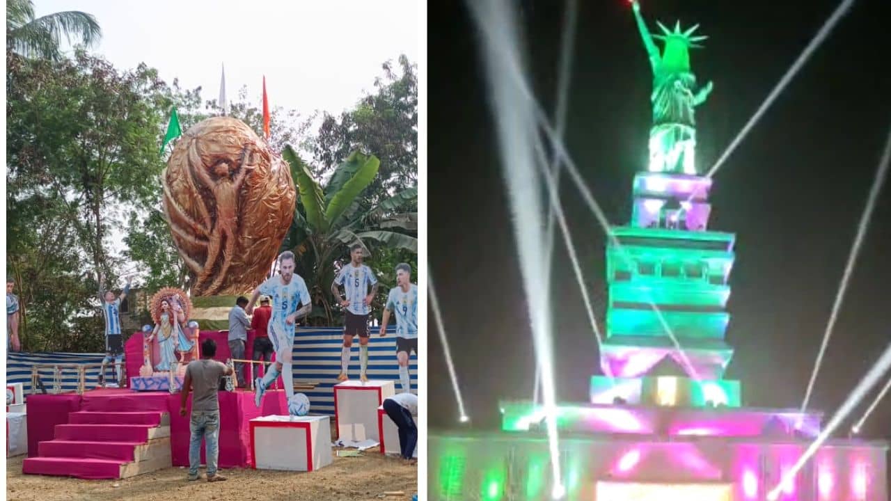 Sarawasti Pujo 2023: তপ্ত ভাঙড় আজ বাগদেবীর আরাধনায় মাতোয়ারা, কোথাও স্ট্যাচু অফ লির্বার্টি তো কোথাও ফিফা বিশ্বকাপ, বাংলা জুড়ে থিমের সরস্বতী বন্দনা