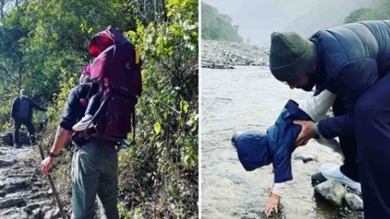 Virat-Anushka: মেয়েকে কাঁধে চাপিয়ে নিয়ে ঋষিকেশের পাহাড়ে বিরাট; ঠিক যেন অপুর সংসার