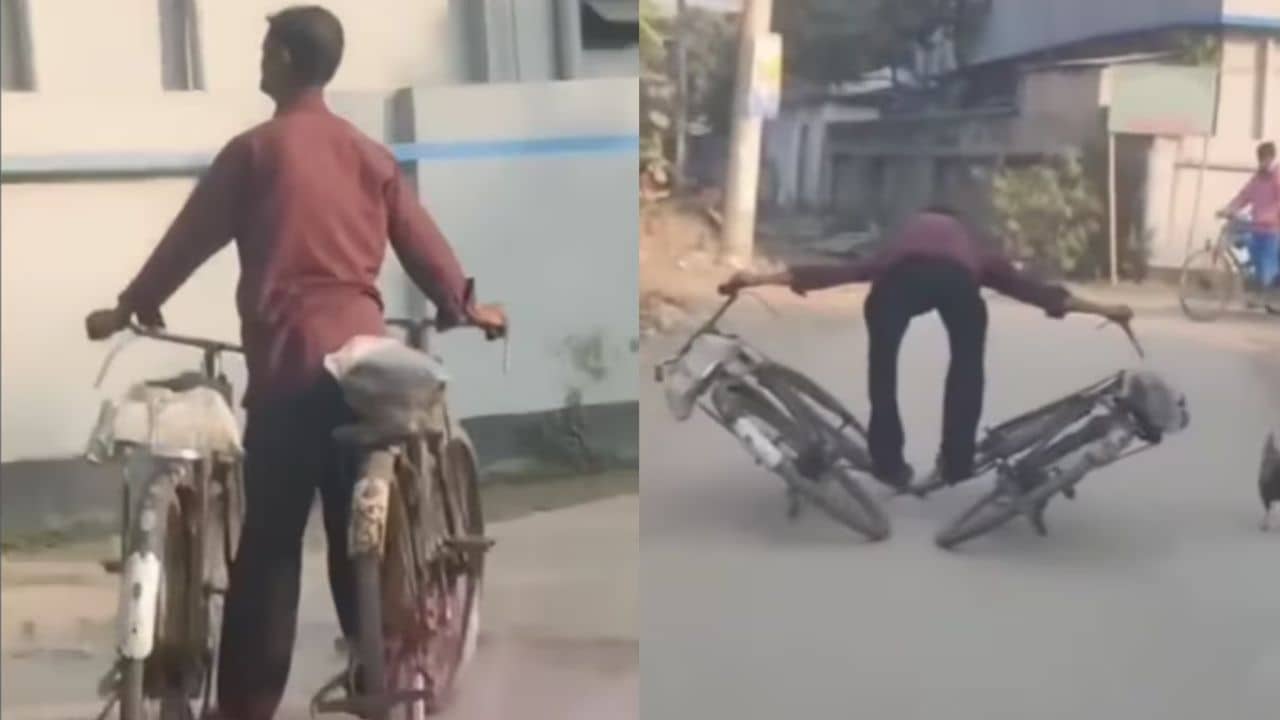 Viral Video: গ্রামের রাস্তায় একই সঙ্গে দুটো সাইকেল চালাচ্ছেন এক ব্যক্তি, অবাক প্রতিভা দেখে নেটিজ়েনরা হতবাক