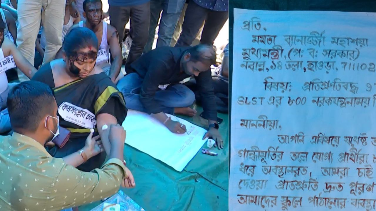 SLST Protest: আন্দোলনের ৮০০ দিনে মুখ্যমন্ত্রীকে নিজেদের রক্ত দিয়ে চিঠি লিখলেন চাকরিপ্রার্থীরা