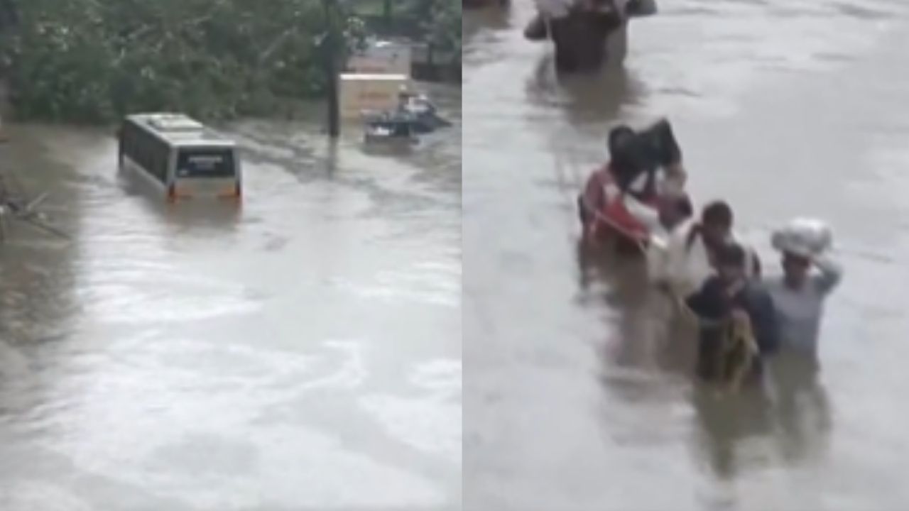 Nagpur Rain: ডুবেছে বাসের ছাদ, মাথায় সংসার বেঁধে বুক জলে সাঁতার, লাগাতার বৃষ্টিতে নাগপুরে রাস্তাই হল নদী