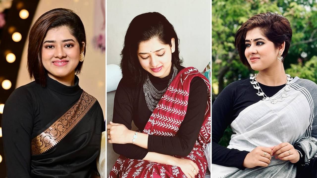 Black turtle neck top: হাইনেক বা রাউন্ড ফুলস্লিভ ব্ল্যাক টি-শার্টের সঙ্গে শাড়িতেই  ফ্যাশন হোক বিয়েবাড়িতে