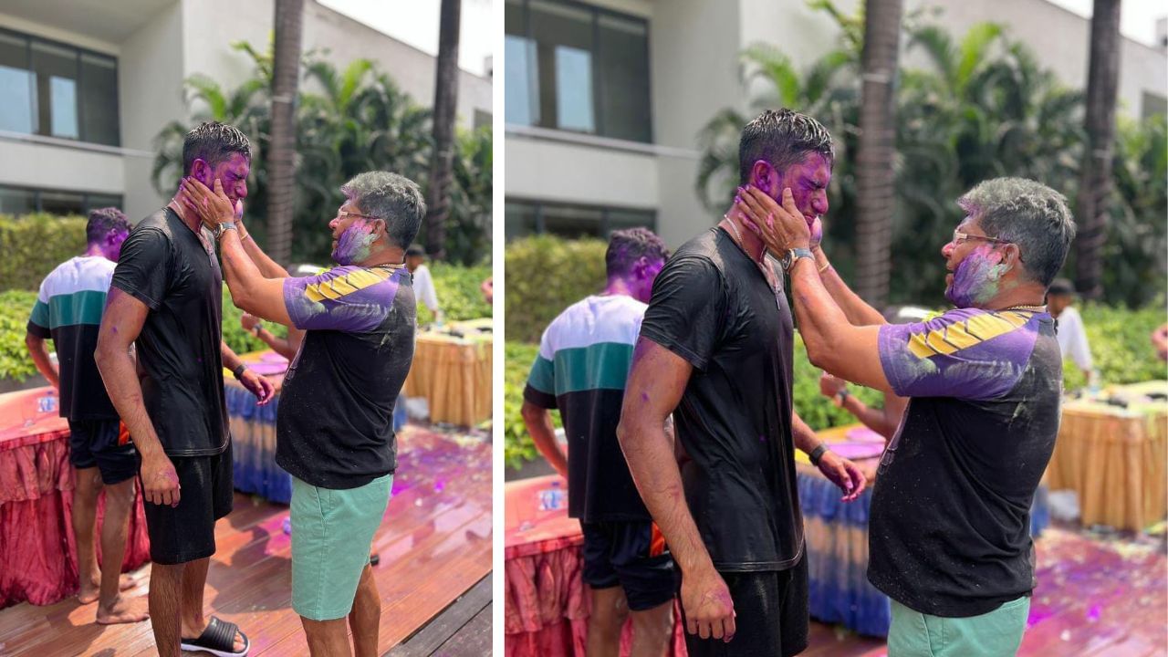 KKR coach and cricketer playing holi