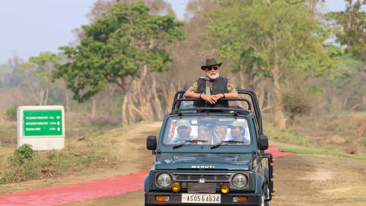 পরনে ক্যামোফ্লাজ বা জংলি প্রিন্টের জামা, তার উপরে ধূসর রঙের ভেস্ট, চোখে সানগ্লাস, মাথায় টুপি। সম্পূর্ণ ভিন্ন রূপে ধরা দিলেন প্রধানমন্ত্রী মোদী।