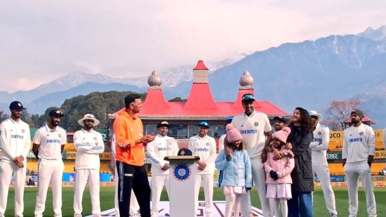 Ravichandran Ashwin felicitated with a special cap by India coach Rahul Dravid on his 100th Test