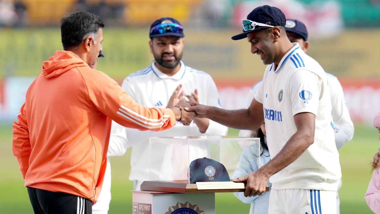 Ravichandran Ashwin felicitated with a special cap by India coach Rahul Dravid