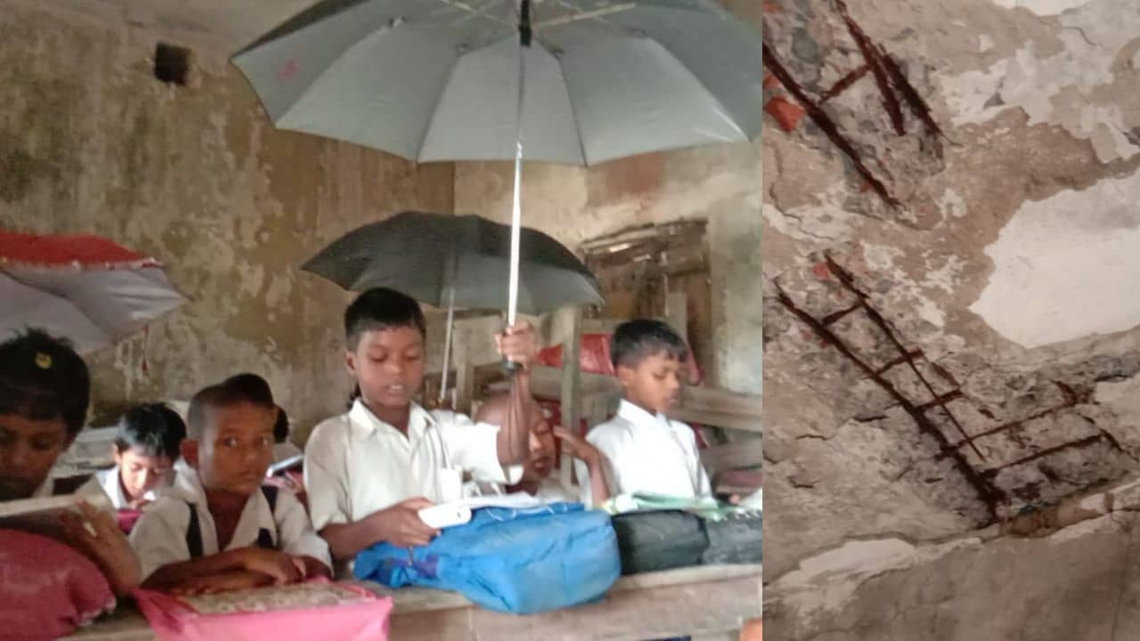 School: বাংলার স্কুল না যমের বাড়ি! মাথায় চাঙড় ভাঙার ভয়ে ছাতা মাথায় বাচ্চারা