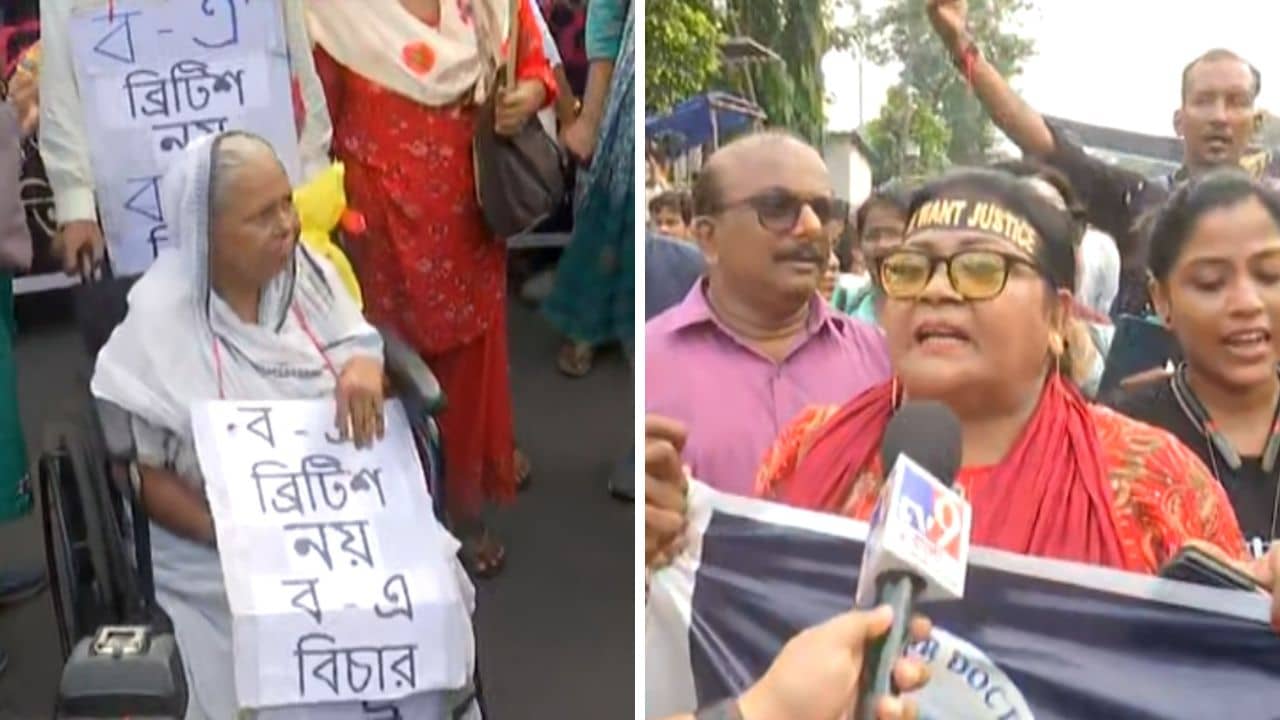 RG Kar Protest: বিচার চেয়ে হুইলচেয়ারে বসেই রাজভবন অভিযান, পুজো মিটতেই দ্রোহের ছবি রাজপথে