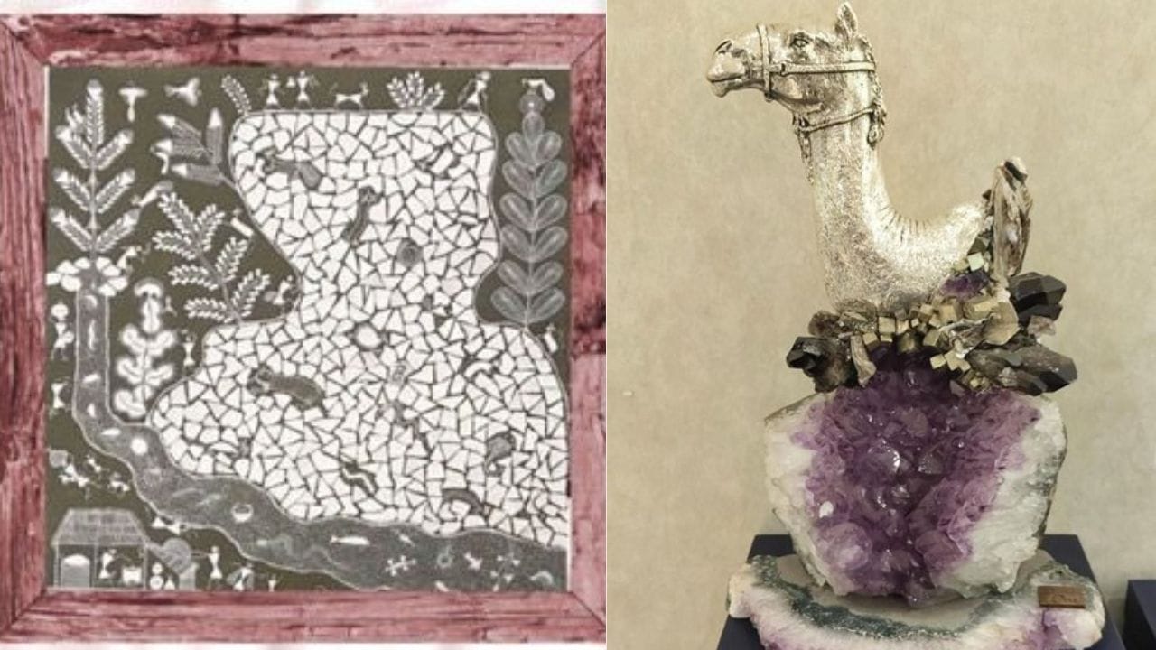 অন্যান্য উপহারের মধ্যে রয়েছে উত্তরপ্রদেশের রুপোর কাজ করা রোজউড সেরিমোনিয়াল ফটো ফ্রেম, যা তুলে দেওয়া হয়েছে চিলির রাষ্ট্রপতির হাতে। কর্ণাটকের ছোট্ট শহর চন্নাপাটনার আইকন কাঠের খেলনা ট্রেন নিয়ে যাওয়া হয় গায়ানার রাষ্ট্রপতির ছোট ছেলের জন্য। তামিলনাড়ুর তাঞ্জোর পেন্টিং উপহার হিসাবে দেওয়া হয় ফ্রান্সের রাষ্ট্রপতিকে। (ছবি -ওয়ার্লি পেন্টিং ও রুপোর উট)