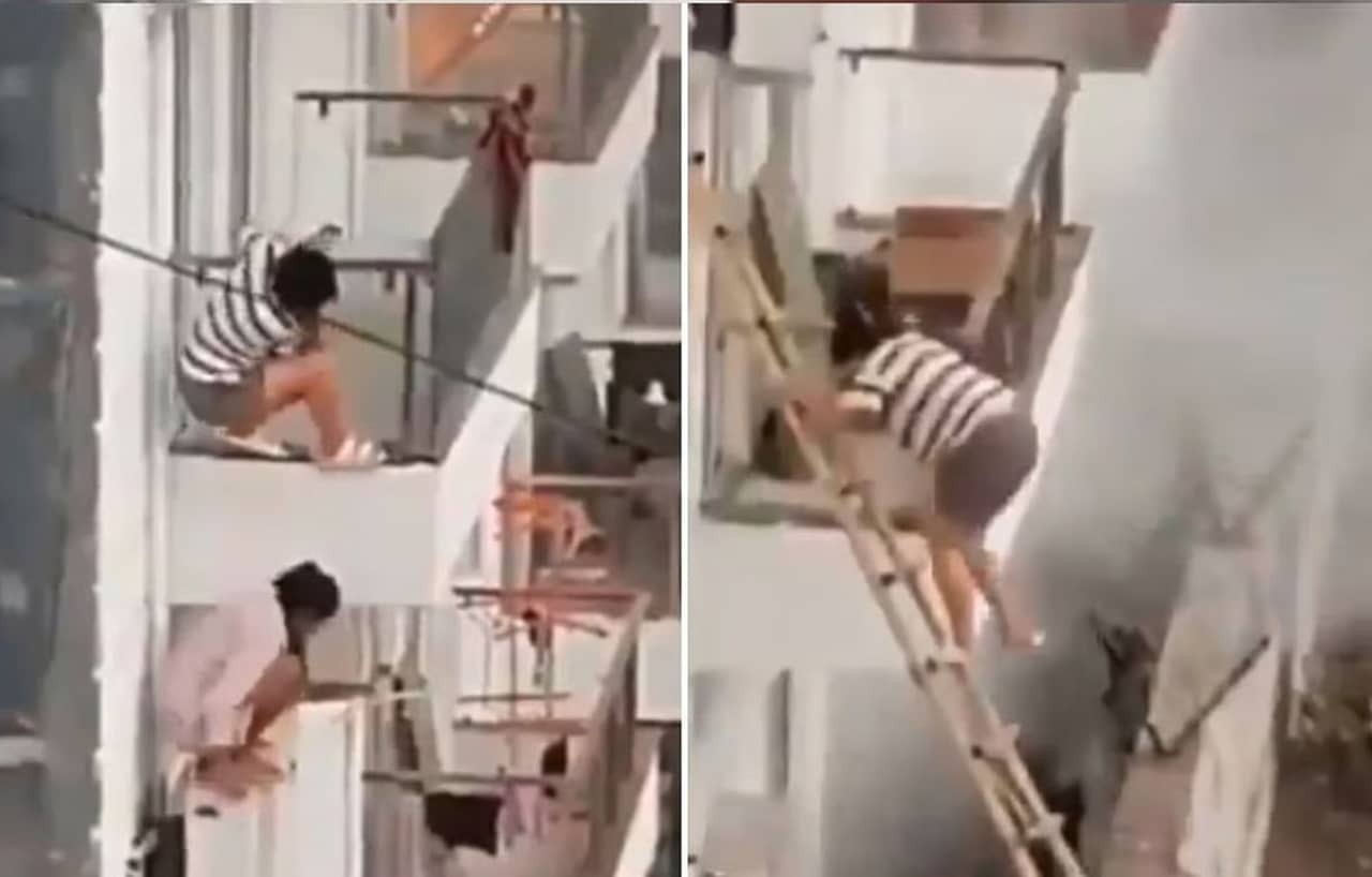 Viral Video: দাউ দাউ করে জ্বলছে হোস্টেল, বারান্দা থেকেই ঝাঁপ একের পর এক ছাত্রীর
