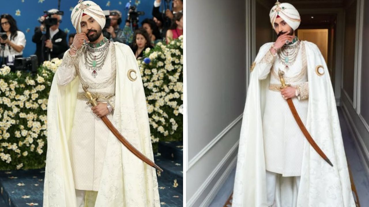 পঞ্জাবি সাবেকি পোশাকে নজর কাড়লেন গায়ক দিলজিৎ দোসাঞ্ঝ। হাতে তলোয়ার নিয়ে মেট গালার রেডকার্পেটে নজর কাড়লেন তিনি।