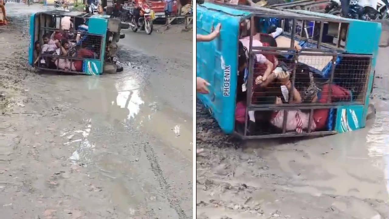 Murshidabad: খানা-খন্দে ভরা রাস্তায় সটান উল্টে গেল স্কুল ভ্যান, চরম ক্ষুব্ধ বাসিন্দারা