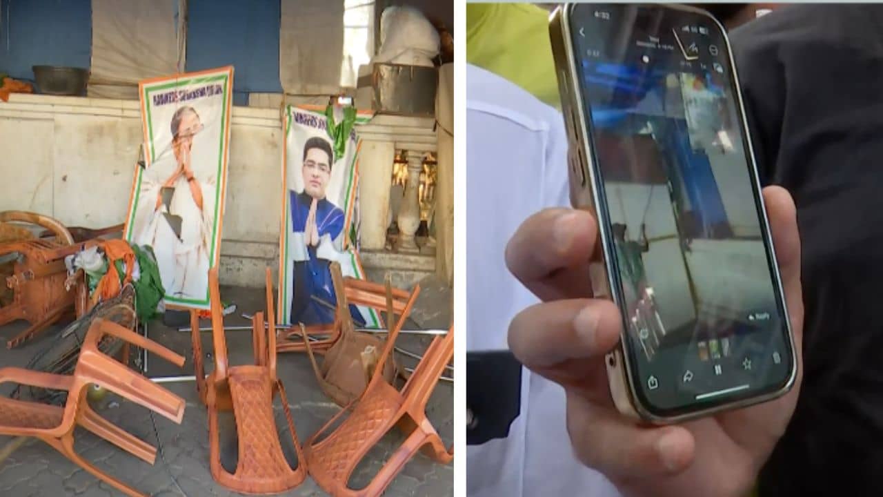 TMC Party Office: জাতীয় পতাকা হাতে দেখুন কী করছে, নিউমার্কেটে মমতা ও অভিষেকের ছবি ছেড়ার অভিযোগ BJP-র বিরুদ্ধে