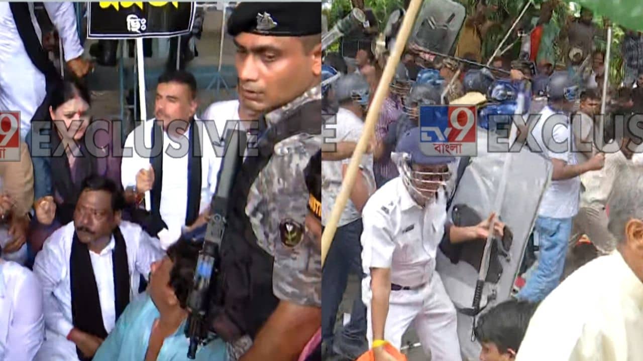 Suvendu Adhikari: পুলিশের সঙ্গে লুকোচুরি, বাধা পেয়ে পার্ক স্ট্রিটেই অবস্থানে বসলেন শুভেন্দুরা