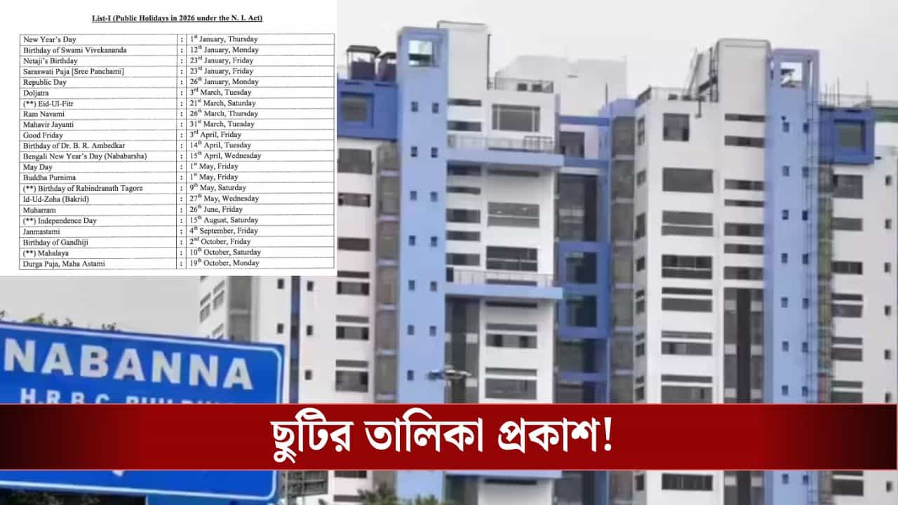 Nabanna: রাজ্য সরকারি কর্মীদের ৫৬ টা ছুটি! ২০২৬ সালের ছুটির তালিকা প্রকাশ করল নবান্ন Nabanna: রাজ্য সরকারি কর্মীদের ৫৬ টা ছুটি! ২০২৬ সালের ছুটির তালিকা প্রকাশ করল নবান্ন