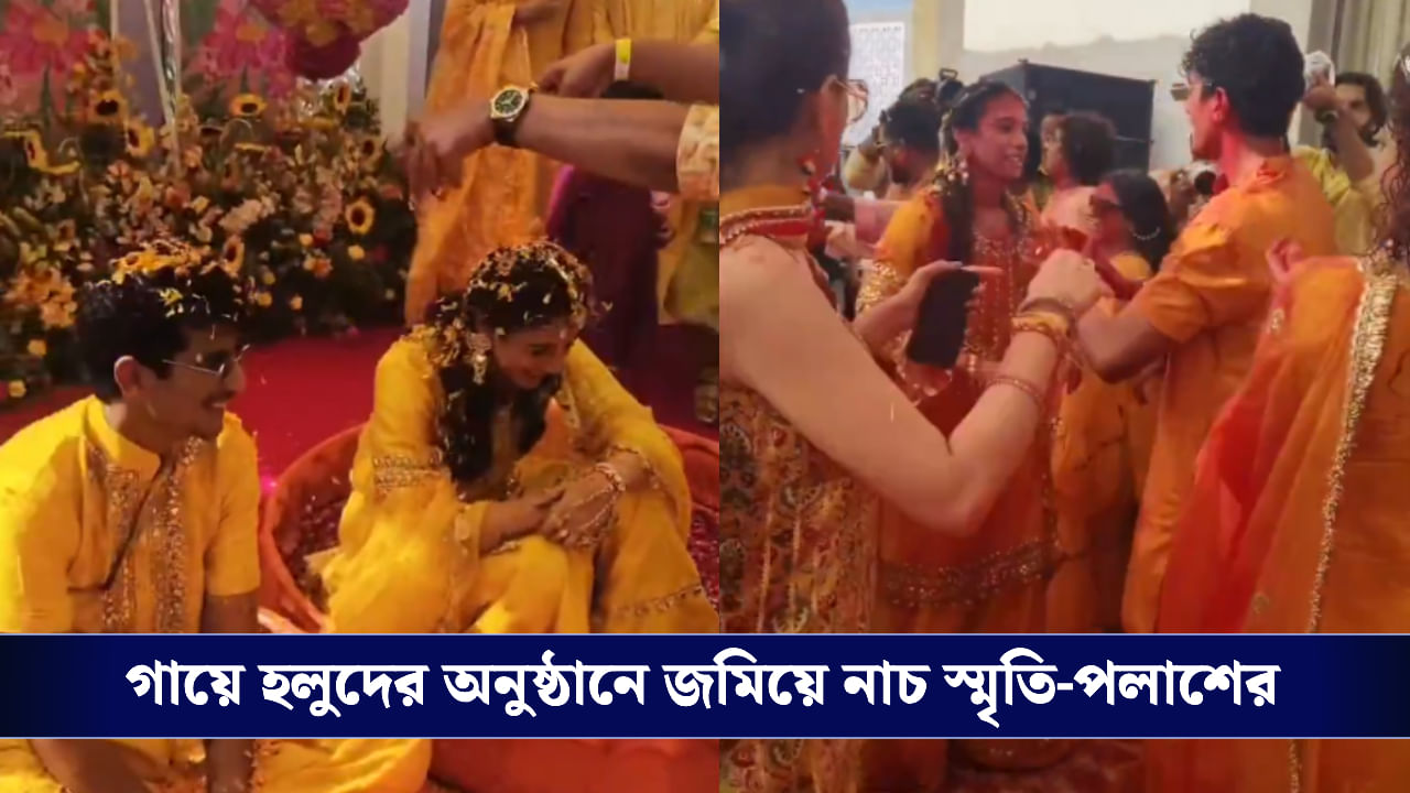 Smriti Mandhana-Palash Muchhal: হলদি না হোলি… স্মৃতি-পলাশের গায়ে হলুদে জমিয়ে নাচ শেফালি-জেমিদের