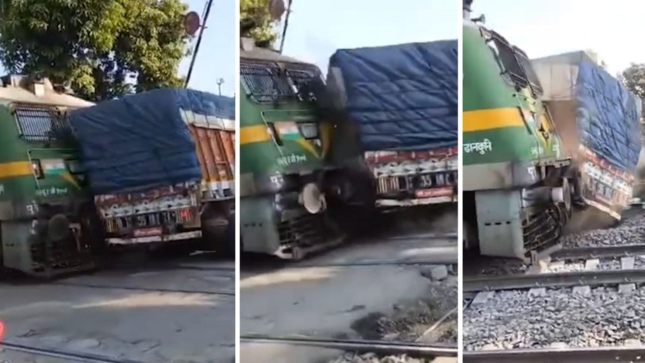 দেখুন কীভাবে এক্সপ্রেস ট্রেন গিয়ে ধাক্কা মারল, ঘুরে গেল ট্রাক, পাশে ছিল বাইকও