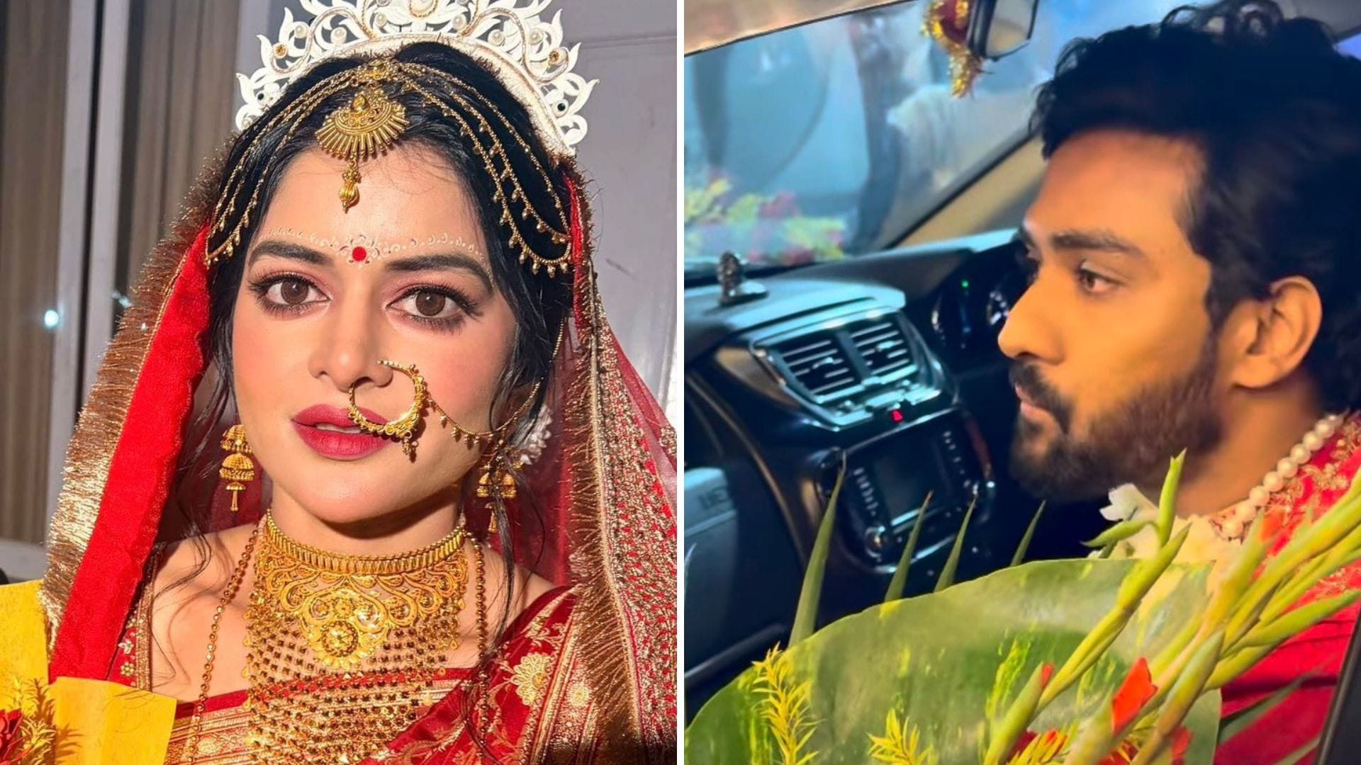 বসন্তের হাওয়া গায়ে মেখে ছাদনাতলায় মধুমিতা-দেবমাল্য, কেমন হল বিয়ের সাজ?