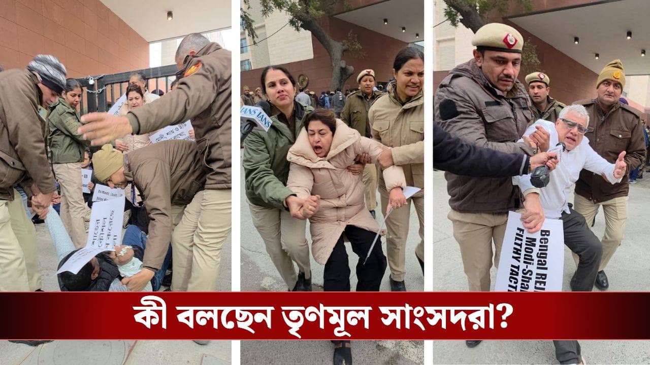 TMC MPs protest: শাহের দফতরের বাইরে তৃণমূল সাংসদদের ধর্না ঘিরে তুলকালাম, টেনেহিঁচড়ে পুলিশের গাড়িতে তোলা হল শতাব্দীদের