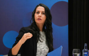 The Former President Of Ciudadanos Ines Arrimadas And The Former Psoe Leader Eduardo Madina Attend To The Media Before Participating In A Meeting.