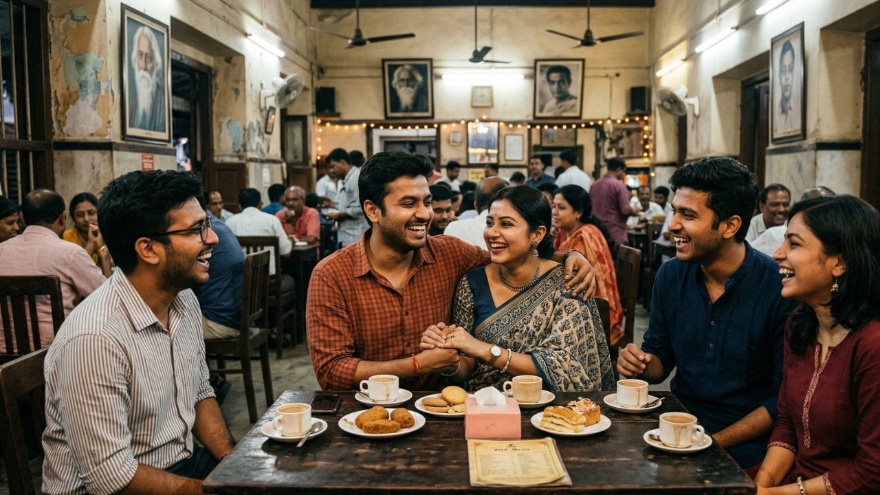 কফি হাউস - কলেজ স্ট্রিটের কফি হাউস যেকোনও যুগেই প্রেম ও বন্ধুত্ব উদ্যাপনে সেরা ঠিকানা। শুধু কফিই নয়, পাওয়া যায় নানারকম স্ন্যাক্সও। - AI