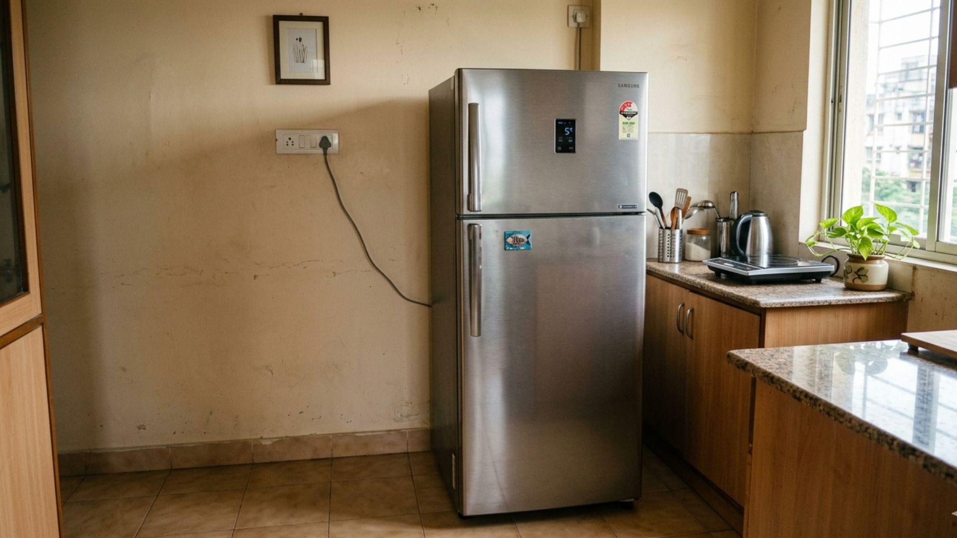 আপনার ফ্রিজ কী দেওয়ালের গা ঘেঁষে রাখা? ফ্রিজের পিছনে বাতাস চলাচলের জন্য ৬ ইঞ্চি জায়গা ছেড়ে রাখুন। এতে বাতাস চলাচল বাড়বে। - AI