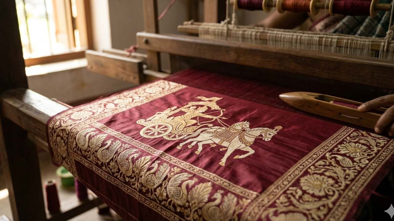 শাড়ির আঁচলে যদি জীবন্ত হয়ে ওঠে রামায়ণ বা মহাভারতের কোনও বীরগাথা, তবে তার আমেজই আলাদা। বিষ্ণুপুরের বালুচরী সিল্ক একেবারে অনন্য, যেখানে সুতোর বুননে ফুটে ওঠে পৌরাণিক সব গল্প। ভিড়ের মধ্যে আলাদা আভিজাত্য ফুটিয়ে তুলতে এই কারুকার্যমণ্ডিত শাড়িটি একদম সঠিক পছন্দ। Gemini AI