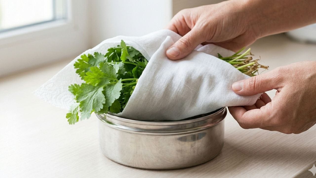 প্লাস্টিকের চেয়ে স্টিলের পাত্রে খাবার ঠান্ডা ও ভালো থাকে। একটি শুকনো সুতির কাপড় বা মসলিন কাপড়ে ধনেপাতা মুড়িয়ে স্টিলের বক্সে ভরে রাখুন। কাপড়টি অতিরিক্ত জল শুষে নিয়ে বাতাস চলাচলে সাহায্য করবে এবং দুর্গন্ধ হতে দেবে না। Gemini AI