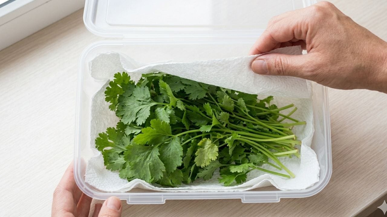 একটি প্লাস্টিক বক্সের নিচে শুকনো টিস্যু পেপার বিছিয়ে দিন। তার ওপর ধনেপাতাগুলো রেখে পুনরায় ওপরে টিস্যু পেপার দিয়ে ঢাকা দিন। এতে ফ্রিজের অতিরিক্ত জল টিস্যু শুষে নেবে এবং পাতাগুলো ঝরঝরে থাকবে। Gemini AI