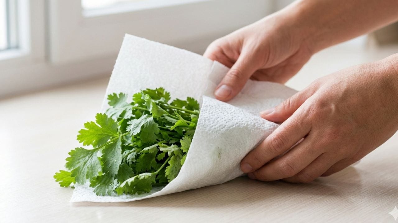 ধনেপাতা ধোয়ার পর জল একদম শুকিয়ে নেওয়া জরুরি। এবার একটি হালকা ভিজে টিস্যু পেপারে পাতাগুলো আলতো করে মুড়িয়ে নিন। জিপলক ব্যাগ বা এয়ারটাইট বক্সে রাখলে পাতায় প্রয়োজনীয় আর্দ্রতা বজায় থাকবে কিন্তু পচবে না। Gemini AI