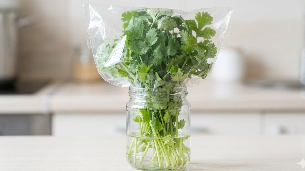 ফুলদানিতে ফুল রাখার মতো করে ধনেপাতার কাণ্ডগুলো সামান্য কেটে নিন। একটি কাঁচের জারে সামান্য জল দিয়ে পাতাগুলো সোজা করে দাঁড় করিয়ে রাখুন। এবার ওপর থেকে একটি প্লাস্টিক আলগা করে ঢেকে ফ্রিজে রাখলে ১০ দিন পর্যন্ত সতেজ থাকবে। Gemini AI