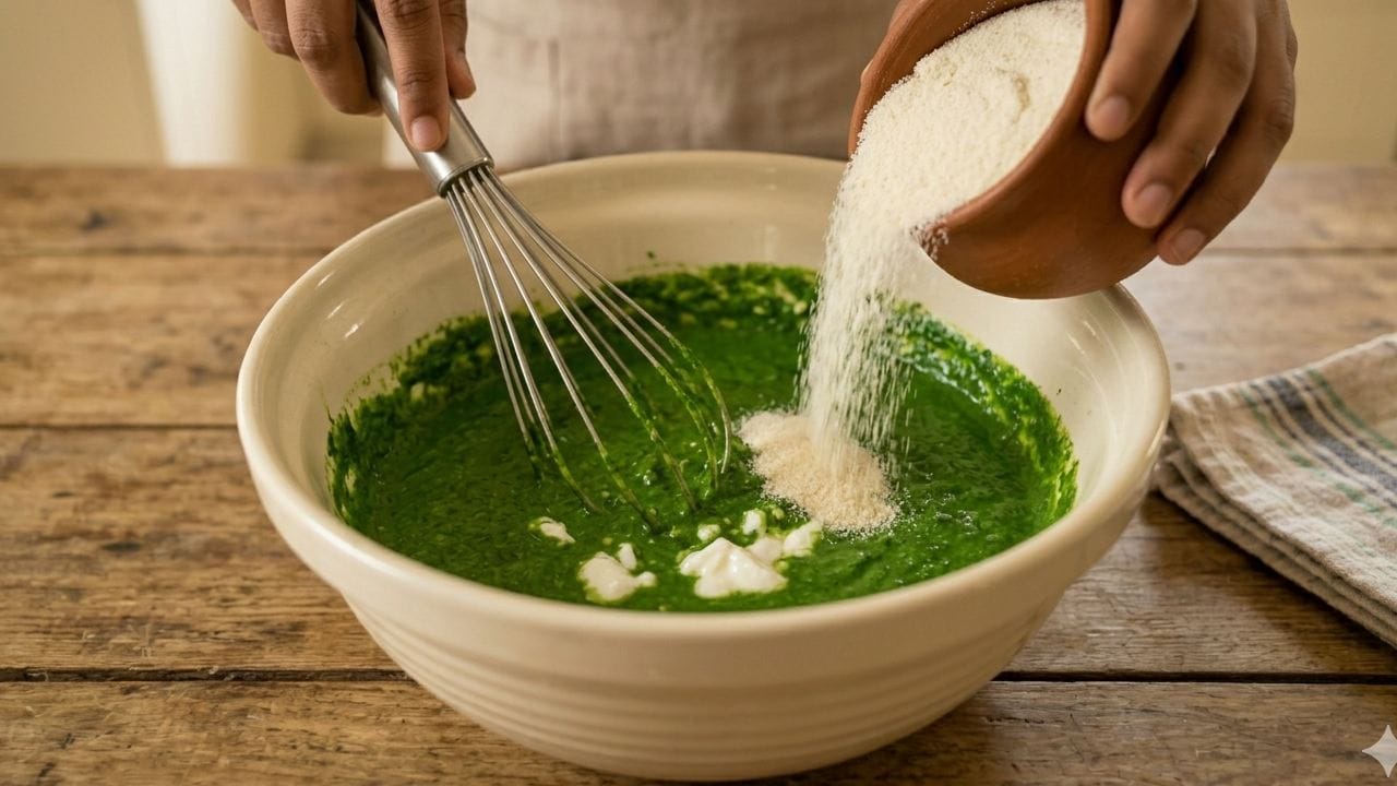 ডাল ও পালং শাকের মিশ্রণের সঙ্গে এবার পরিমাণমতো সুজি এবং দই মিশিয়ে নিন। স্বাদমতো নুন দিয়ে ব্যাটারটি ১৫-২০ মিনিটের জন্য ঢেকে সরিয়ে রাখুন। সুজি ফুলে উঠলে ব্যাটারের ঘনত্ব ঠিক হবে এবং উত্তপম নরম হবে। Gemini AI