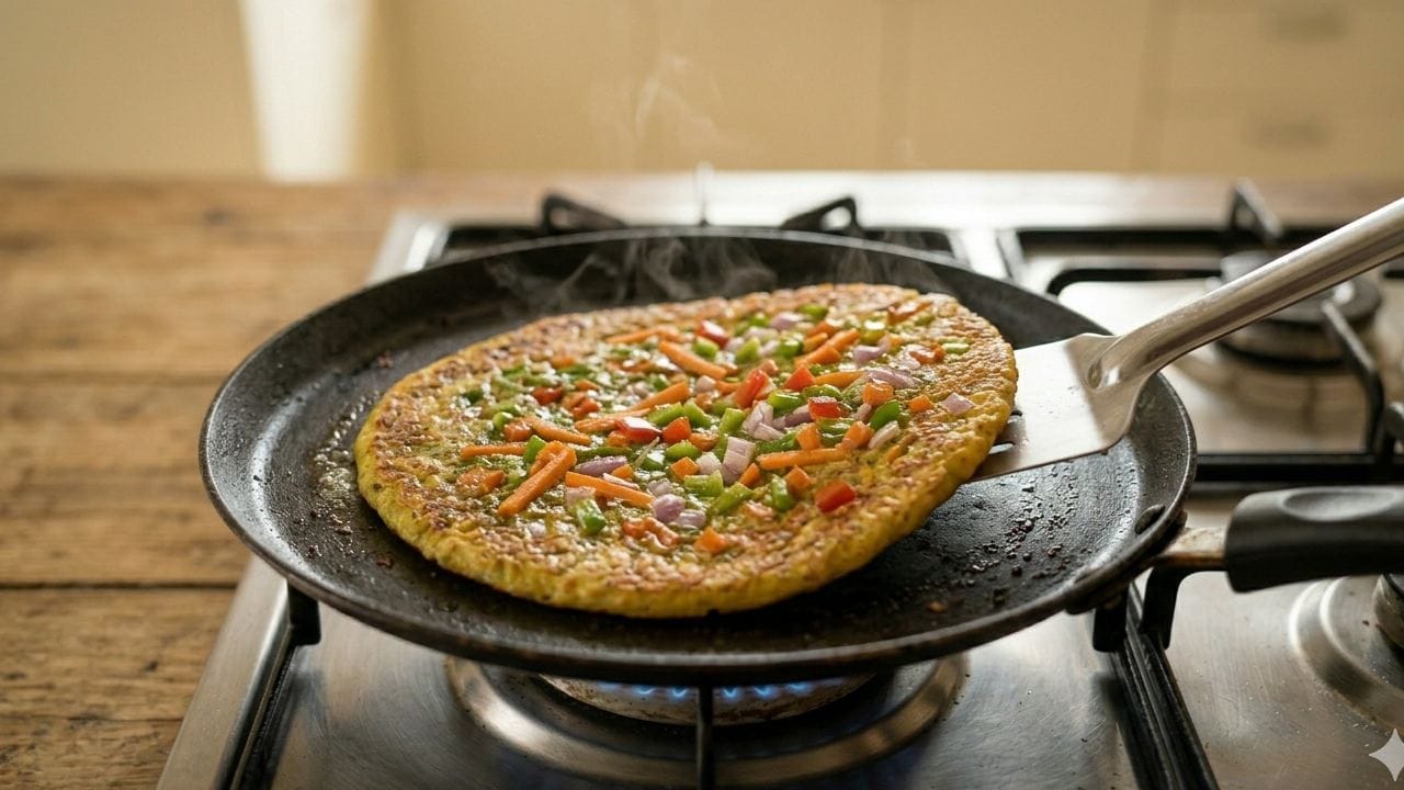 একপিঠ সোনালি হয়ে এলে উল্টে দিয়ে অন্য পিঠটিও ভালো করে সেঁকে নিন। দু'পিঠ ভালো করে ভাজা হয়ে গেলে নামিয়ে নিন গরম গরম ডাল-পালং উত্তপম। ঘি দিয়ে ভাজলে এর স্বাদ এবং পুষ্টিগুণ দুই-ই অনেক গুণ বেড়ে গিয়েছে। Gemini AI