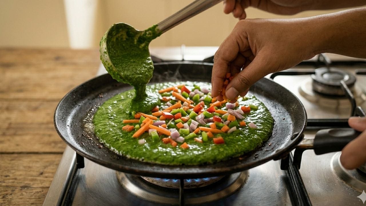 একটি নন-স্টিক তাওয়ায় সামান্য তেল ব্রাশ করে গরম করে নিন। এবার এক হাতা ব্যাটার দিয়ে গোল করে ছড়িয়ে দিন, তবে ধোসার মতো খুব পাতলা করবেন না। ওপর থেকে সবজি কুচি ছড়িয়ে দিয়ে হালকা আঁচে ঢাকা দিয়ে রান্না করা শুরু করুন। Gemini AI