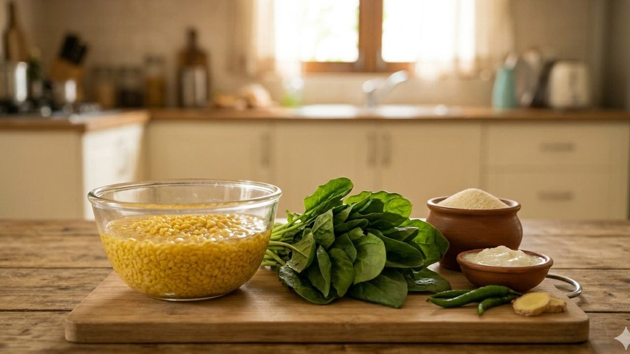 এই পুষ্টিকর পদটি তৈরি করতে আপনার হাতের কাছেই থাকা কিছু জিনিস প্রয়োজন। লাগবে মুগ ডাল, সতেজ পালং শাক কুচি, সুজি এবং সামান্য টক দই। স্বাদ বাড়াতে সঙ্গে রাখুন আদা কুচি, কাঁচা লঙ্কা এবং পছন্দমতো কিছু সবজি। Gemini AI