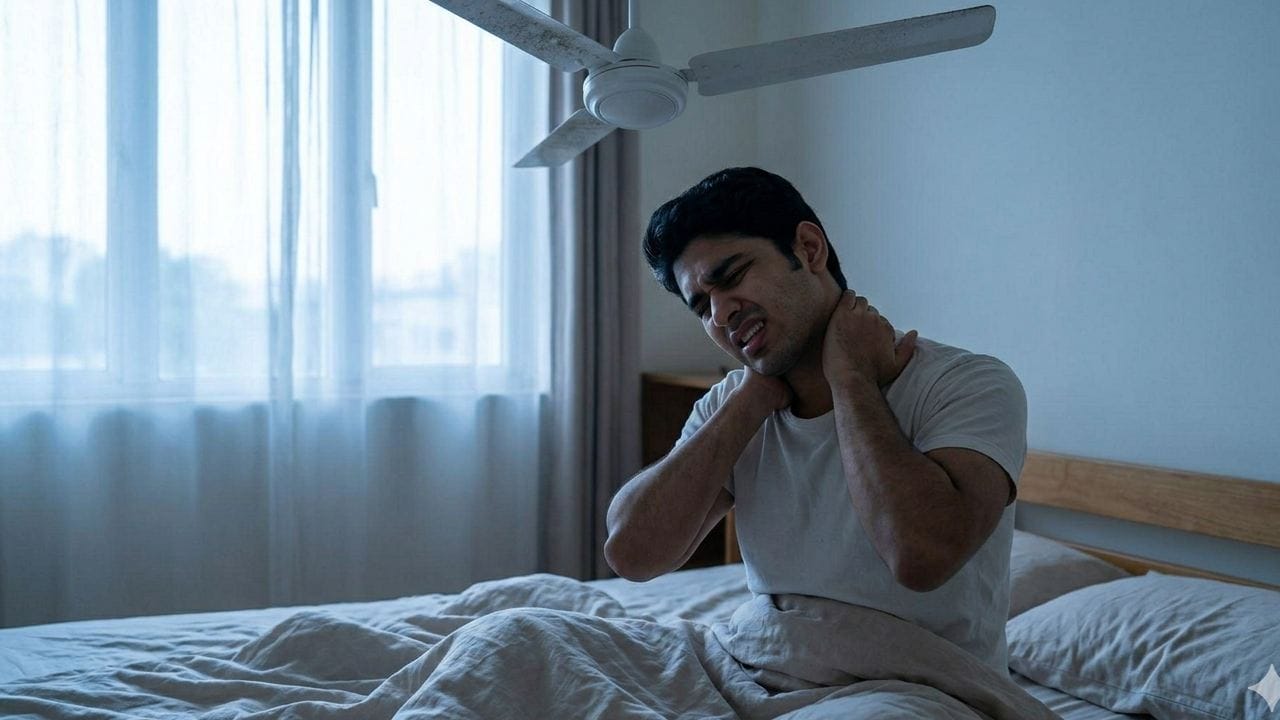 ফ্যানের হাওয়া সরাসরি গায়ে লাগলে আপনার শরীরের পেশিগুলো শক্ত হয়ে যেতে পারে। অনেক সময় সকালে ঘুম থেকে উঠে ঘাড়ে বা পিঠে যে অসহ্য যন্ত্রণা অনুভব করেন, তার মূল কারণ সরাসরি ফ্যানের হাওয়া। শরীরের নির্দিষ্ট অংশে লাগাতার হাওয়া মাংসপেশিকে ক্লান্ত করে দেয়। Gemini Ai