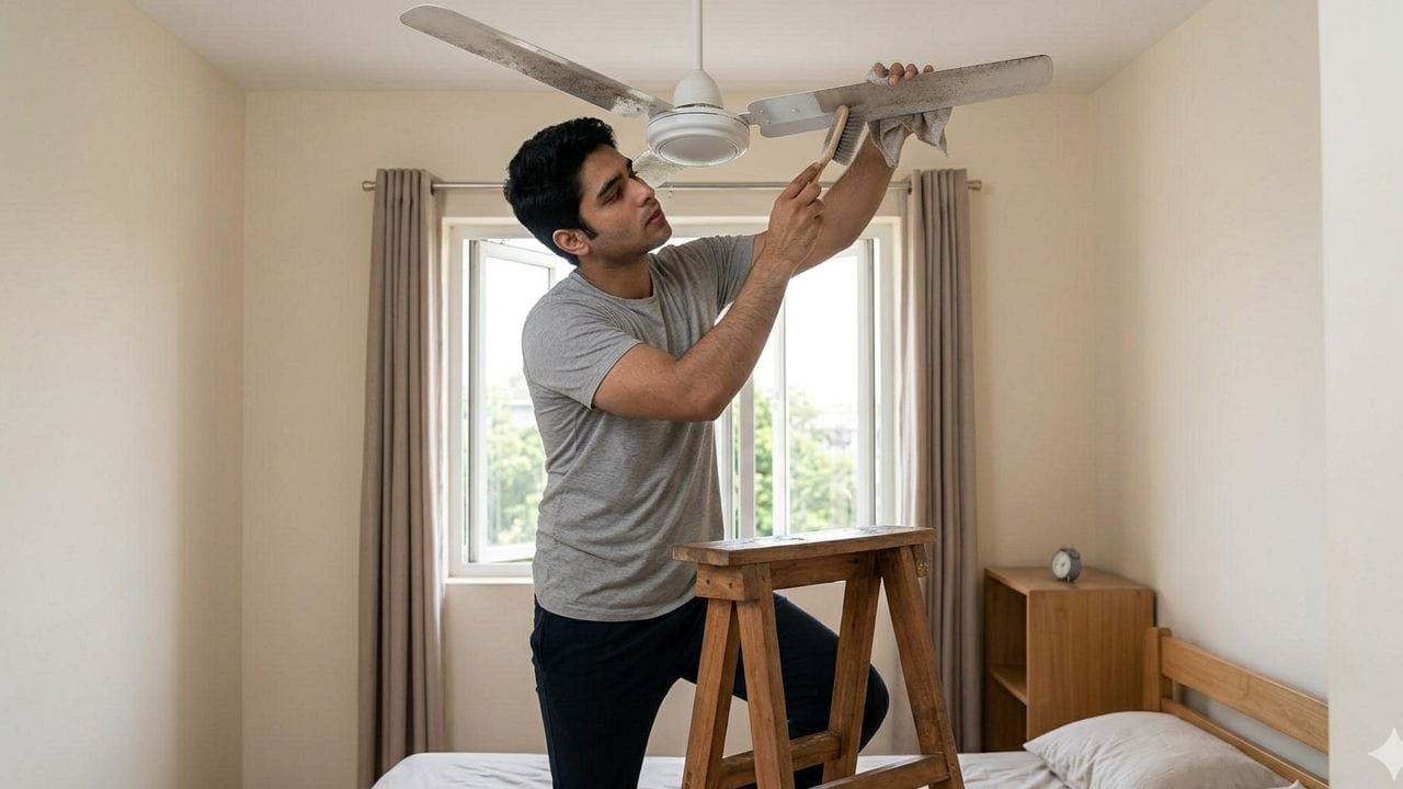 ফ্যানের ধুলো থেকে বাঁচতে নিয়মিত বিরতিতে ব্লেডগুলো পরিষ্কার করা জরুরি। ফ্যান পরিষ্কার থাকলে বাতাসে ধুলো উড়বে কম, ফলে অ্যালার্জি বা হাঁপানির ঝুঁকি অনেকটাই কমে আসবে। শুধু ঘর নয়, ফ্যানটিও রাখুন একদম তকতকে। Gemini Ai