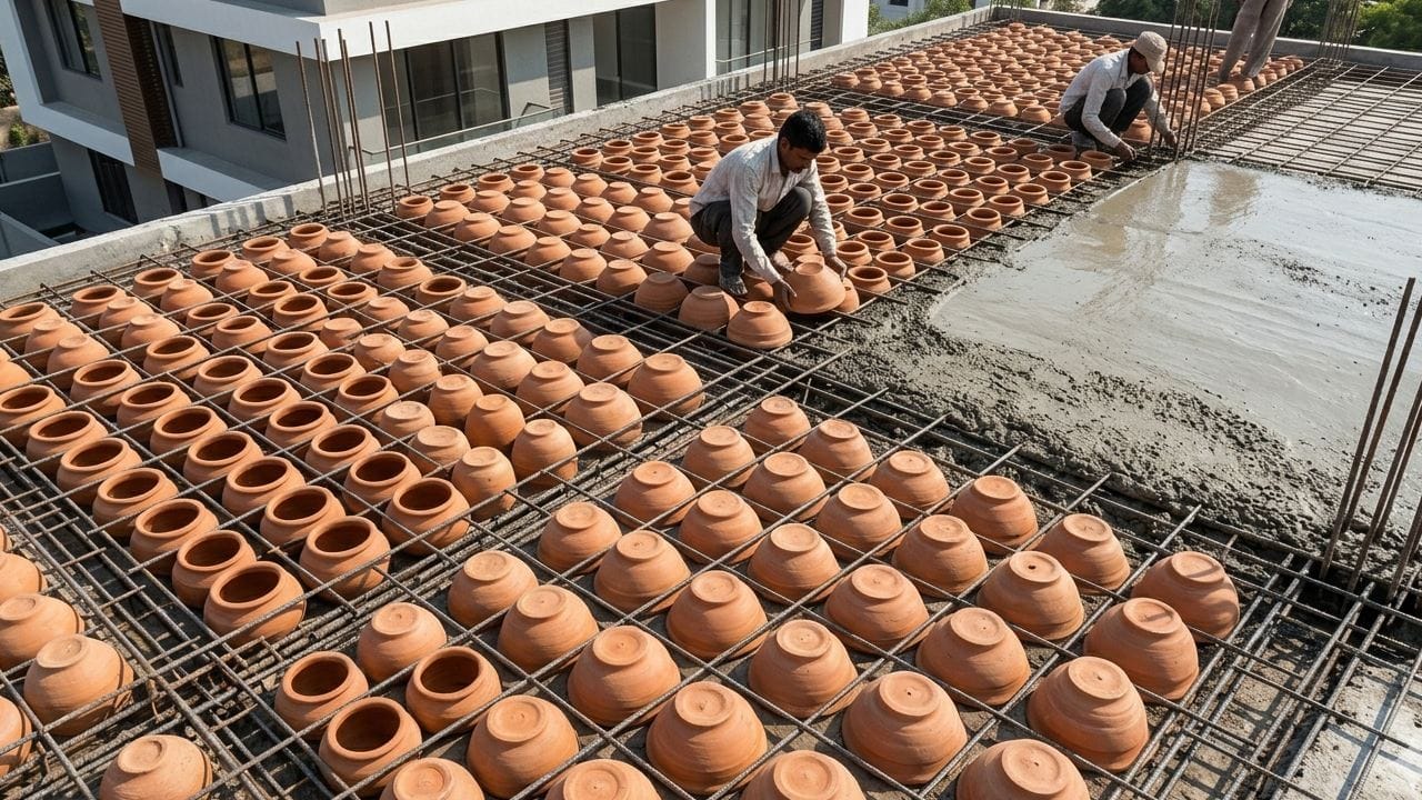 ছাদ ঢালাইয়ের সময় এখন ব্যবহার করা হচ্ছে ‘ফিলার স্ল্যাব’ (Filler Slab) নামক এক বিশেষ কৌশল। এখানে কনক্রিটের ভেতর উল্টো করে বসিয়ে দেওয়া হচ্ছে টেরাকোটার ছোট ছোট পাত্র। এর ফলে ছাদের ভেতর ছোট ছোট বায়ুকোষ তৈরি হয়, যা বাইরের তাপকে ভেতরে ঢুকতে বাধা দেয়। Gemini AI