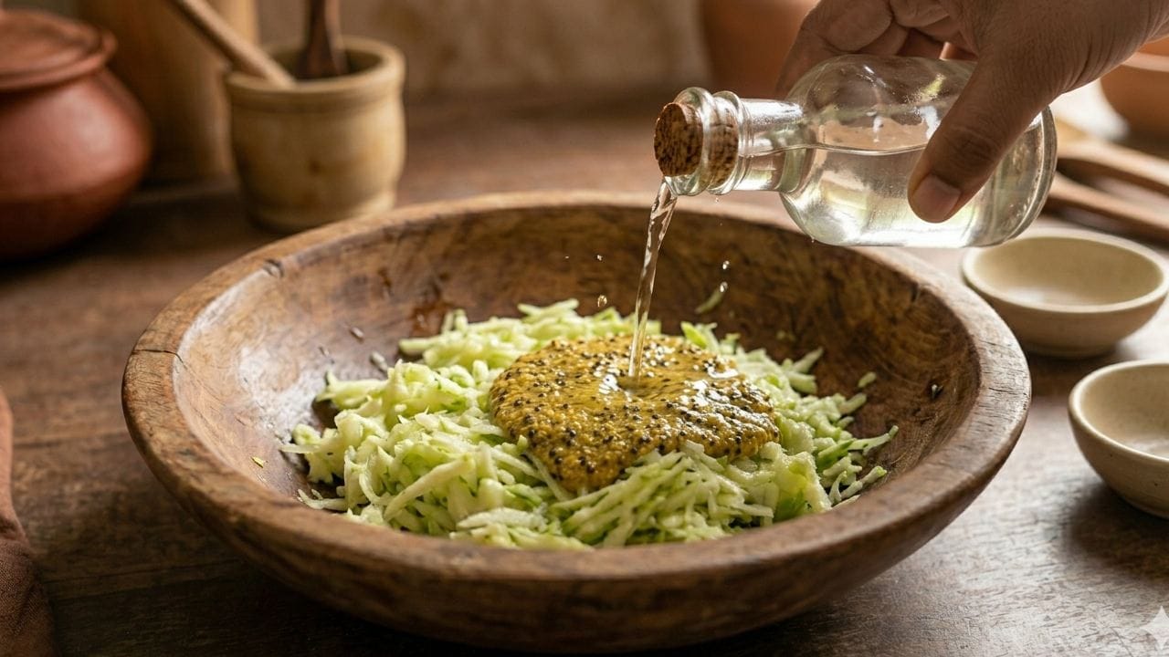 একটি বড় পাত্রে কুড়ানো আমগুলো নিন এবং তাতে আগে থেকে বেটে রাখা দুই প্রকার সরষে যোগ করুন। এবার এতে পরিমাণমতো নুন এবং ঝাল বুঝে কাঁচা লঙ্কা বাটা দিয়ে ভালো করে মেখে নিতে হবে। খেয়াল রাখবেন যেন সব উপকরণ ঠিকমতো মিশে যায়। Gemini AI