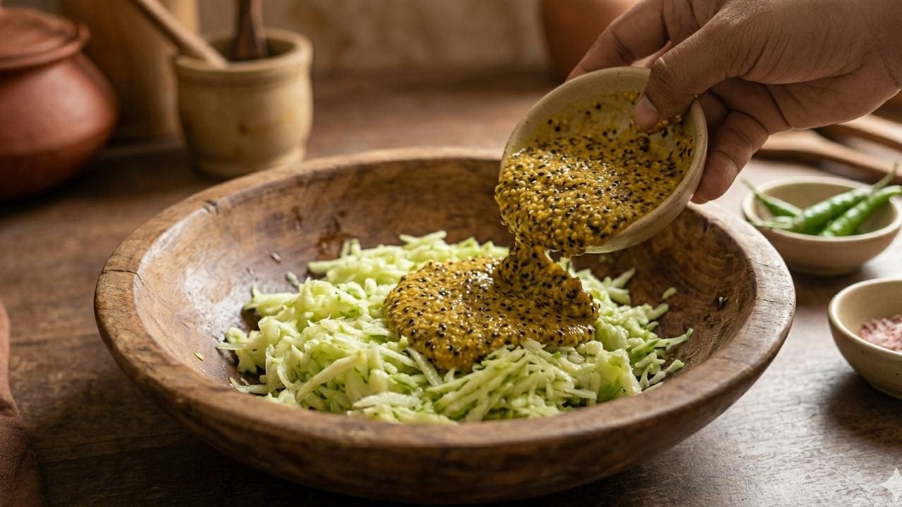 সরষে বাটা হয়ে গেলে কাঁচা লঙ্কাগুলোও একইসঙ্গে বেটে নিতে হবে। এরপর কাঁচা আমগুলো ভালো করে ধুয়ে খোসা ছাড়িয়ে নিন। রান্নার সুবিধার জন্য খোসা ছাড়ানো আমগুলো গ্রেটারে ভালো করে ঘষে বা কুরে নিতে হবে। Gemini AI