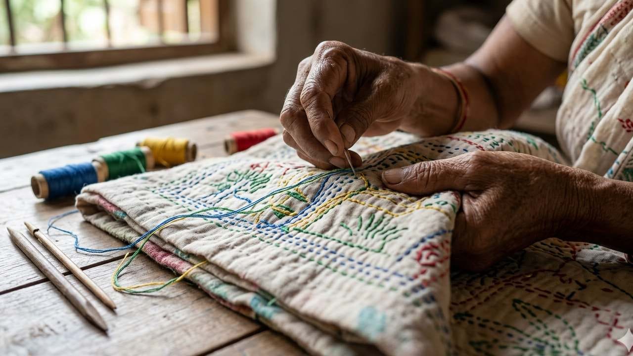 পুরনো কাপড়ের টুকরো যখন সুঁচ-সুতোর ছোঁয়ায় আলাদা রূপ নেয়, তখনই তাকে বলা হয় কাঁথা স্টিচ। এটি কেবল সাধারণ কোনও সেলাই নয়, এটি হল কারিগরদের হৃদয়ের ছোঁয়া আর এক একটি কাব্যিক ইতিহাস। পরিবেশবান্ধব ফ্যাশন বা 'সাসটেনেবল স্টাইল' যারা পছন্দ করেন, তাদের জন্য কাঁথা স্টিচ সেরা অপশন। Gemini AI