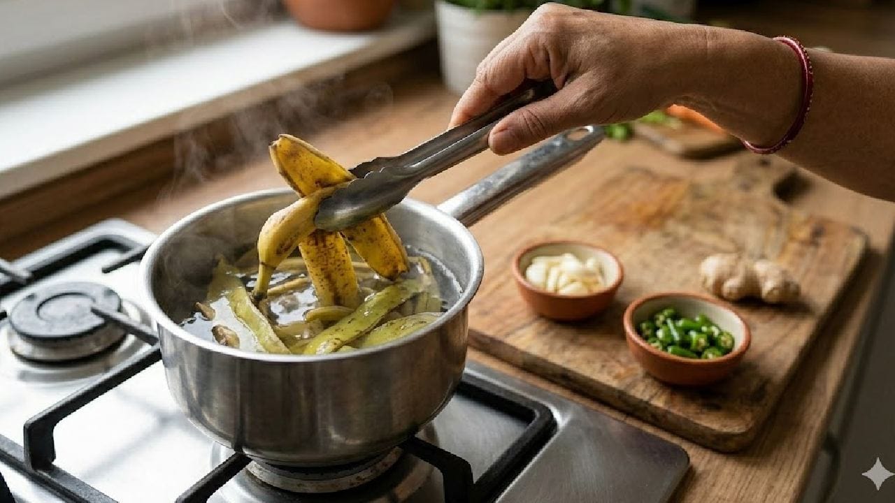 প্রথমে খোসাগুলো ভালো করে ধুয়ে নিন। এরপর অল্প জলে নুন দিয়ে খোসাগুলো নরম না হওয়া পর্যন্ত সেদ্ধ করে নিন। অন্য একটি প্যানে রসুন, আদা আর কাঁচা লঙ্কা হালকা আঁচে ভেজে নিন যাতে কাঁচা গন্ধটা চলে গিয়ে সুন্দর একটা সুবাস বেরোয়। Gemini Ai