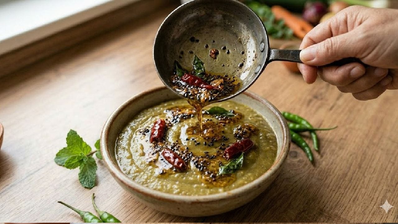 চাটনির স্বাদ কয়েক গুণ বাড়িয়ে দিতে একটি ছোট পাত্রে সরষের তেল গরম করুন। তাতে কালো জিরে, শুকনো লঙ্কা আর কারিপাতা ফোড়ন দিন। এবার এই গরম তেল আর মশলার মিশ্রণটি চাটনির ওপর ঢেলে দিন। দেখবেন গন্ধে সারা ঘর ম-ম করছে! Gemini Ai