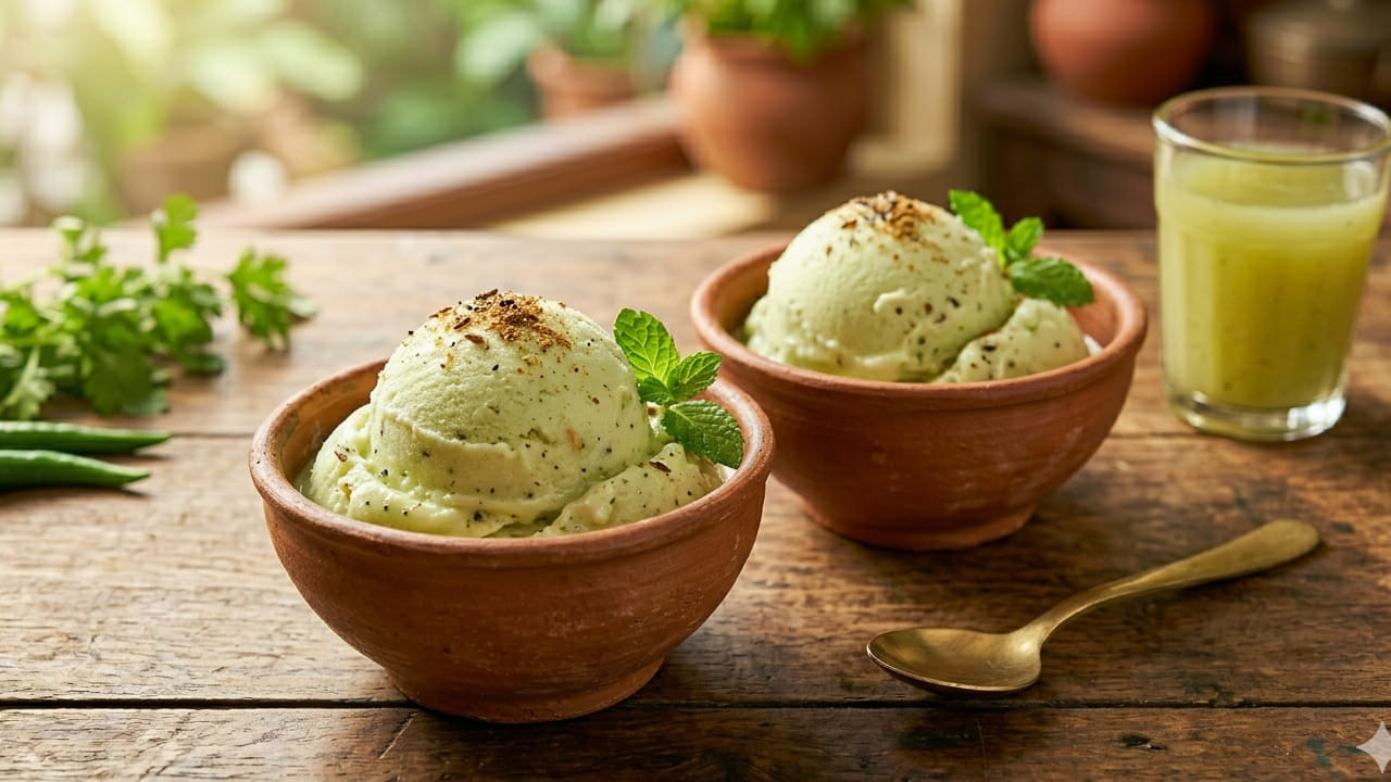 খাওয়ার শেষে মিষ্টির বদলে ট্রাই করতে পারেন আম পোড়া আইসক্রিম, যা মন ও প্রাণ শীতল করে দেয়। পোড়ানো আমের শাঁসের সঙ্গে ঘন দুধের মিশ্রণে তৈরি এই ডেজার্ট যেমন অভিনব, তেমনই খেতে সুস্বাদু। সামান্য বিট নুন আর ভাজা জিরের গুঁড়ো এর স্বাদে নিয়ে আসে এক অন্য মাত্রা। Gemini AI